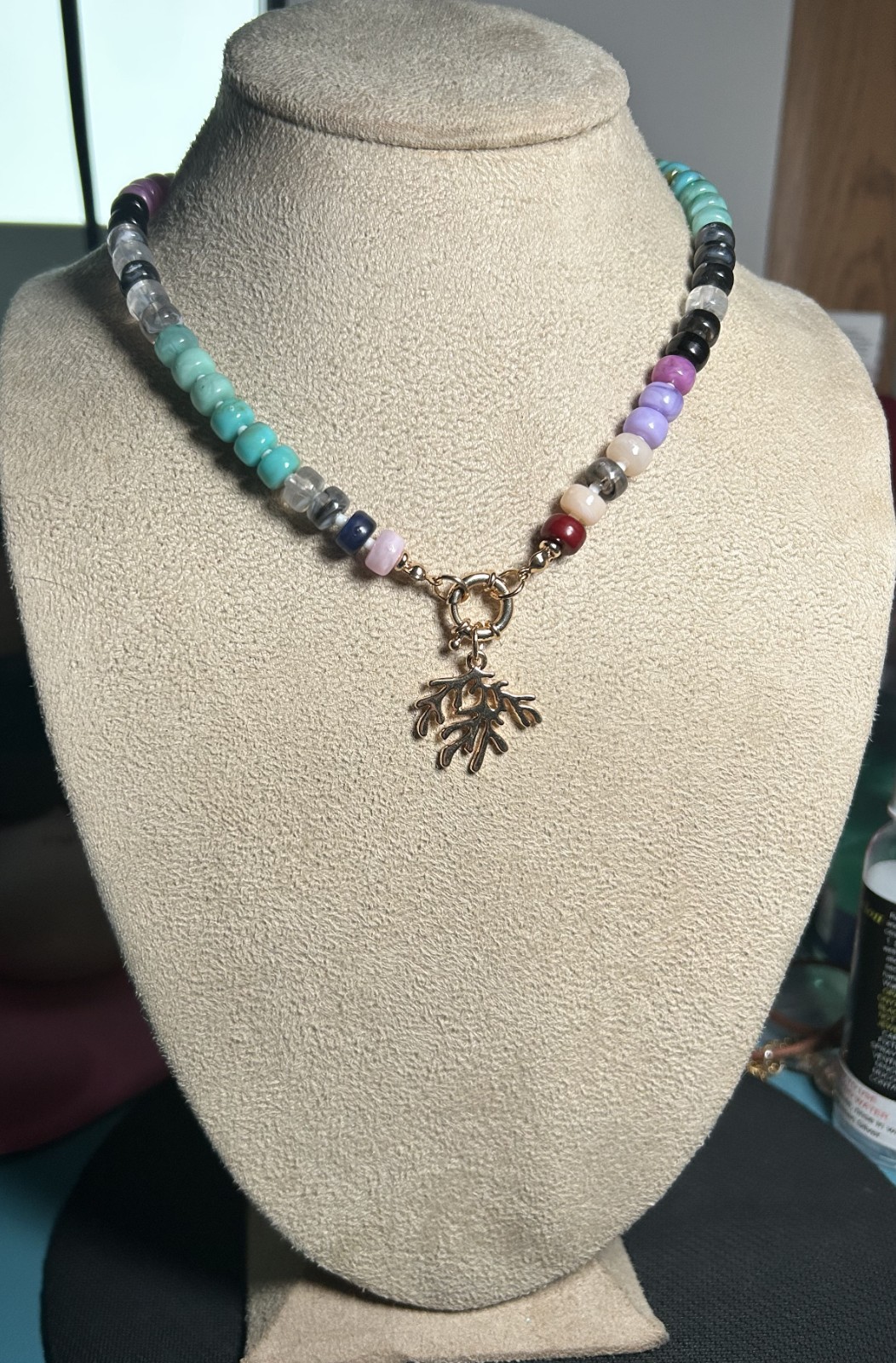 Universal Thread Beaded Coral Branch Charm Necklace Multi Color Gold Tone NWT