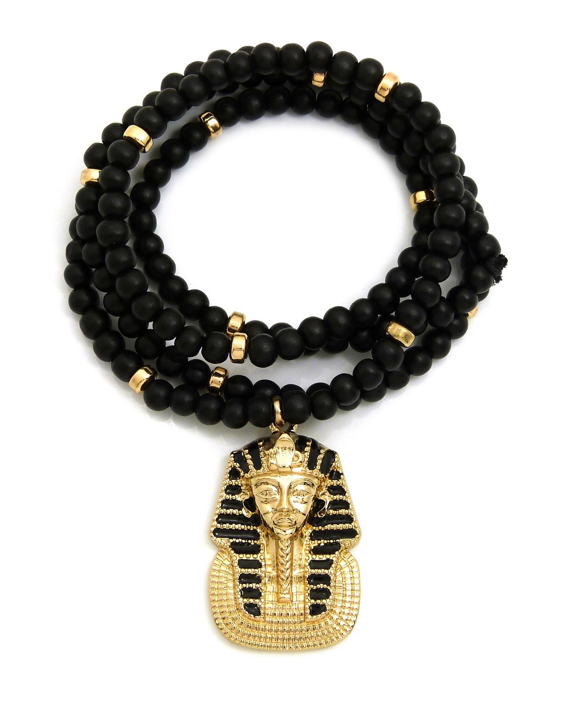Egyptian Pharaoh King Tut Pendant 6mm 30″ Wooden Bead Hip Hop Necklace