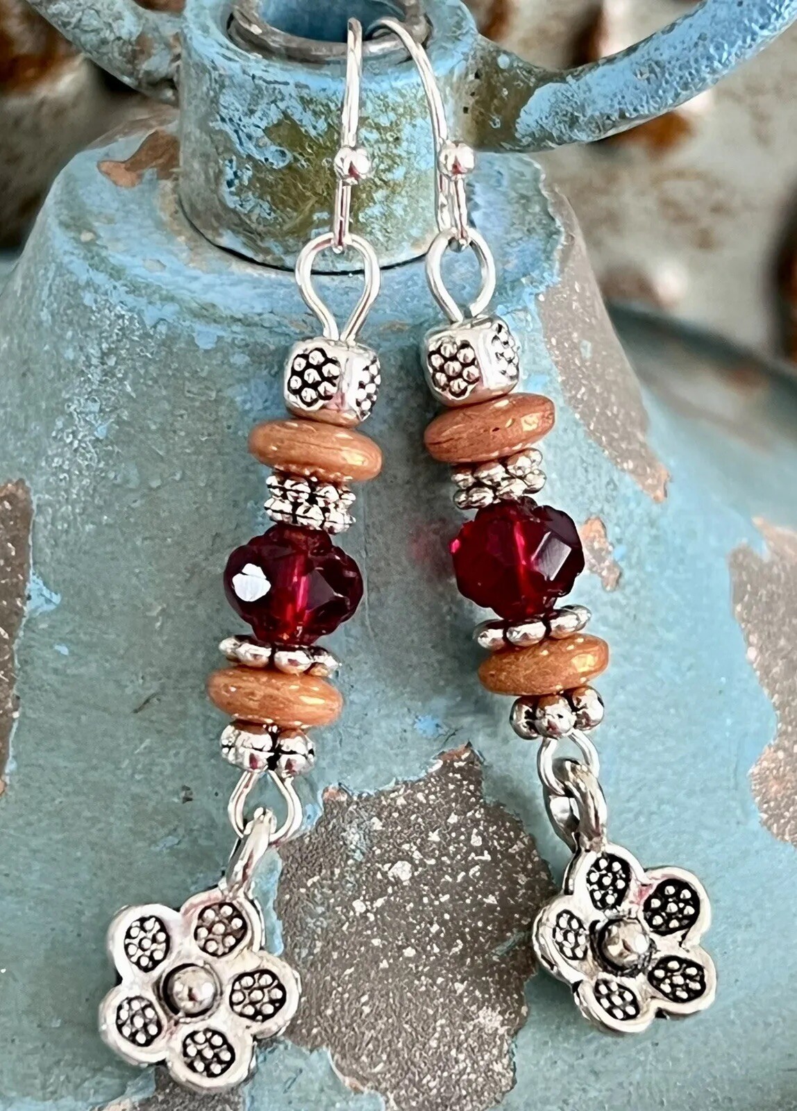 Silver Flower, Dusty Rose and Red Picasso Czech Rose Glass Bead Earrings.