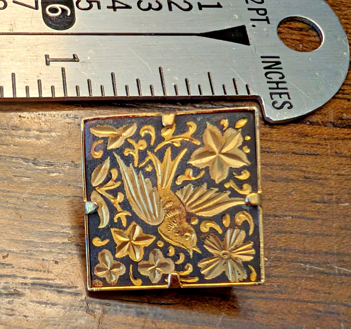 VINTAGE Damascene brooch, Etched Bird & Flowers, 1″square (o)