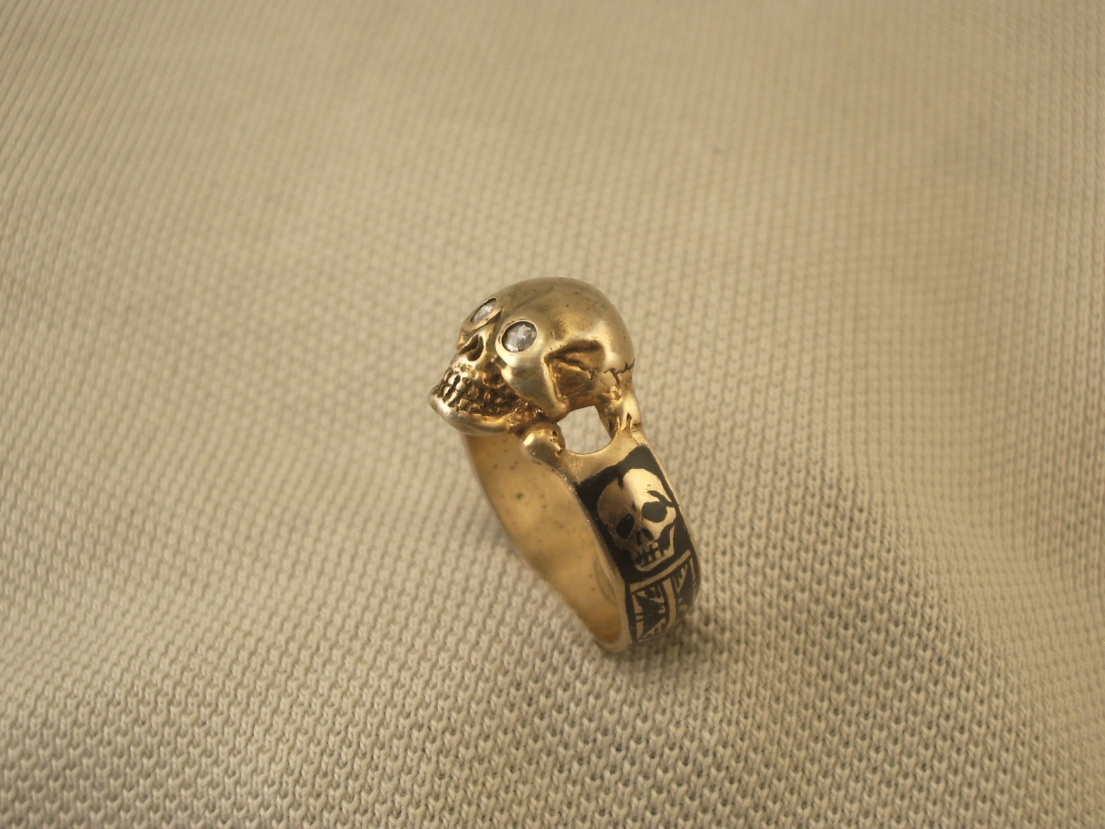 Antique Vtg Gold plated silver enamel diamond masonic memento mori ring Sz7.5