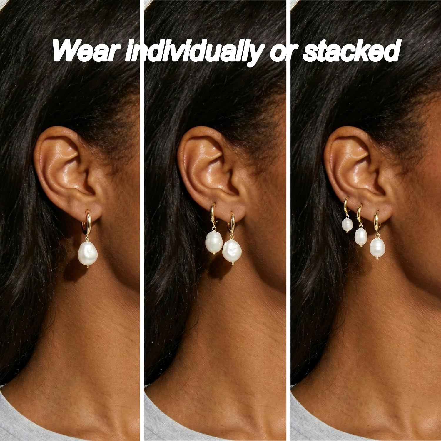 3 Pairs Huggie Hoop Pearl Earrings for Women, 14K Gold Plated Drop Dangle Earrin