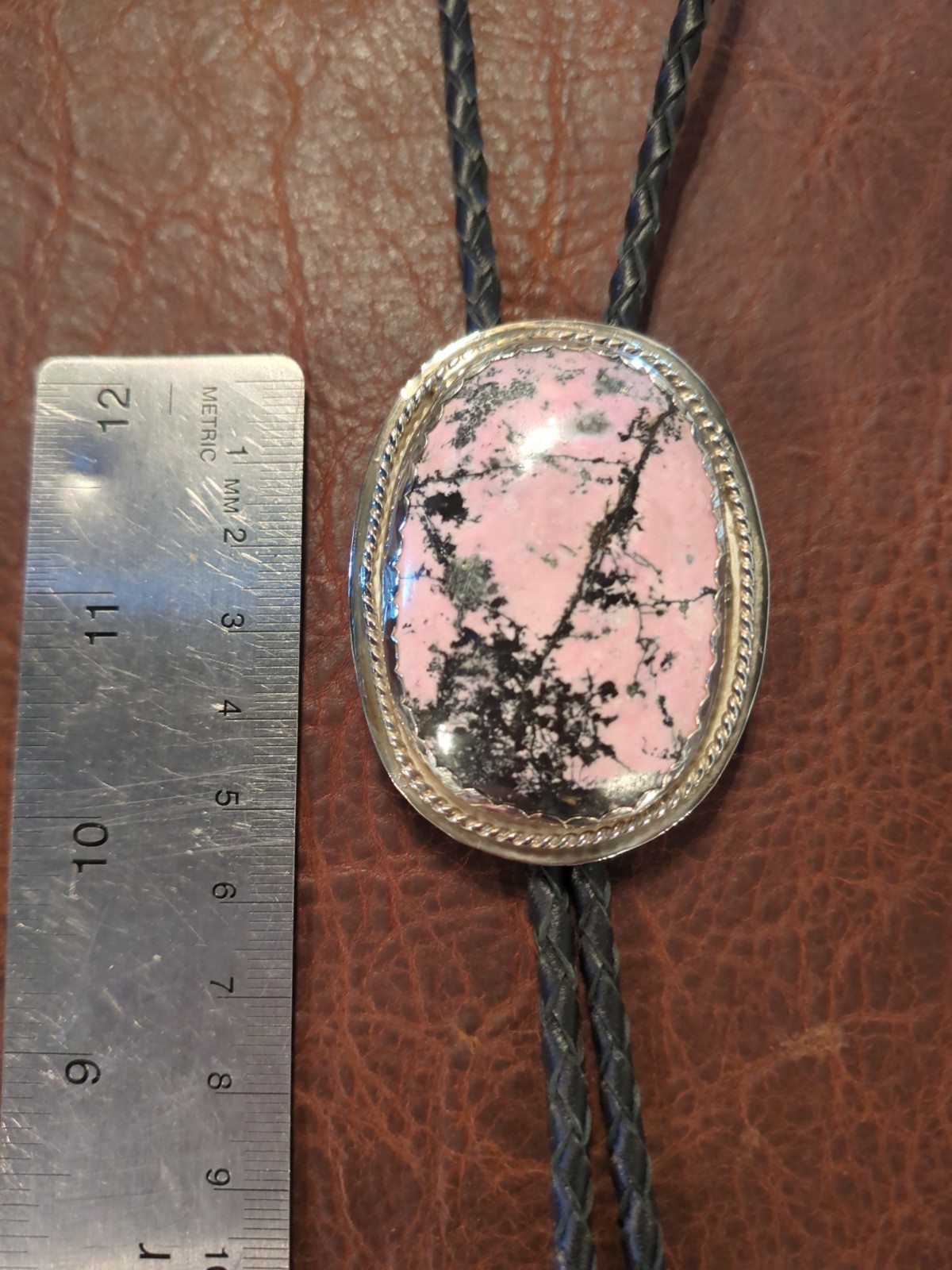 bolo tie silver handmade rhodonite