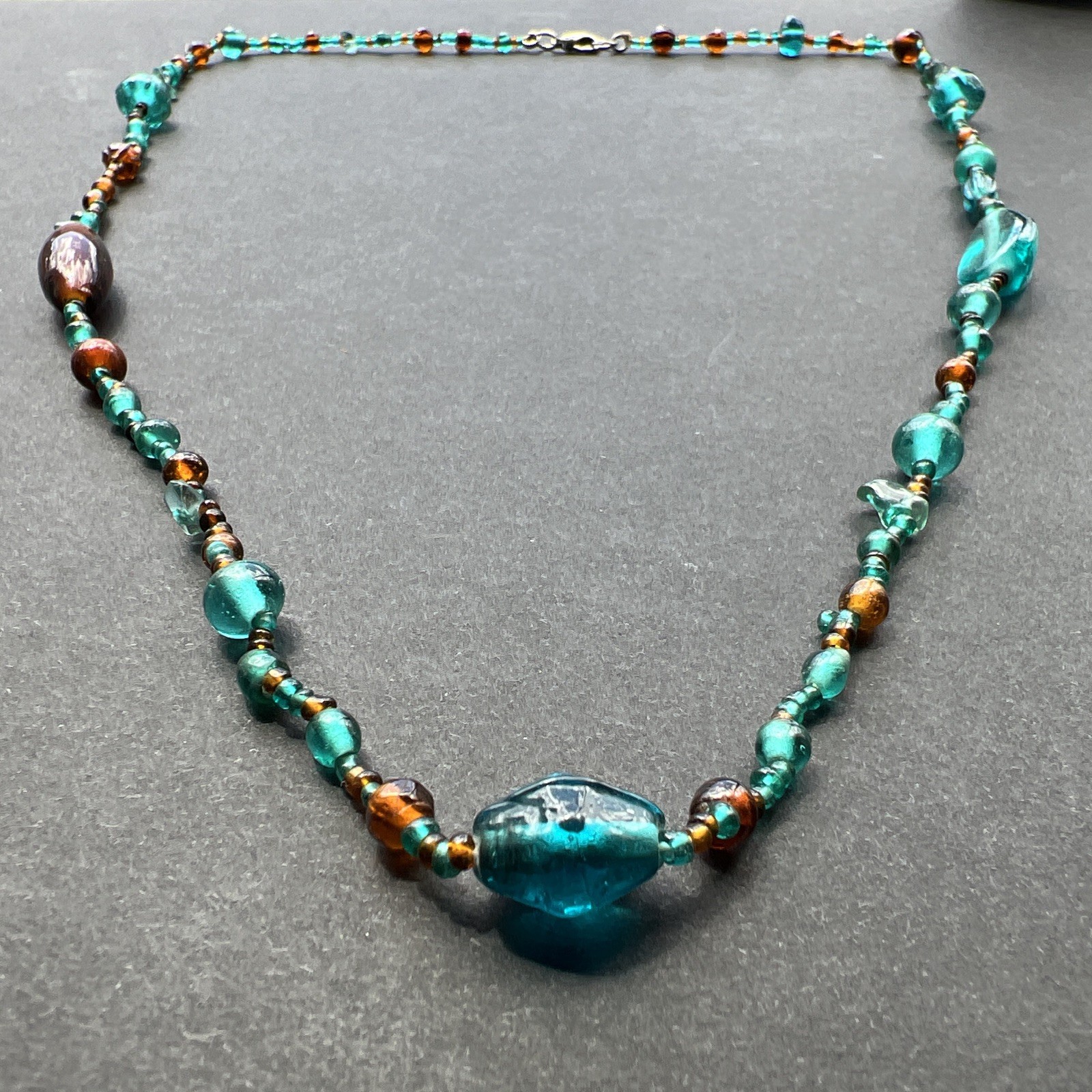 Vintage Amber Turquoise Glass Bead Necklace 28”