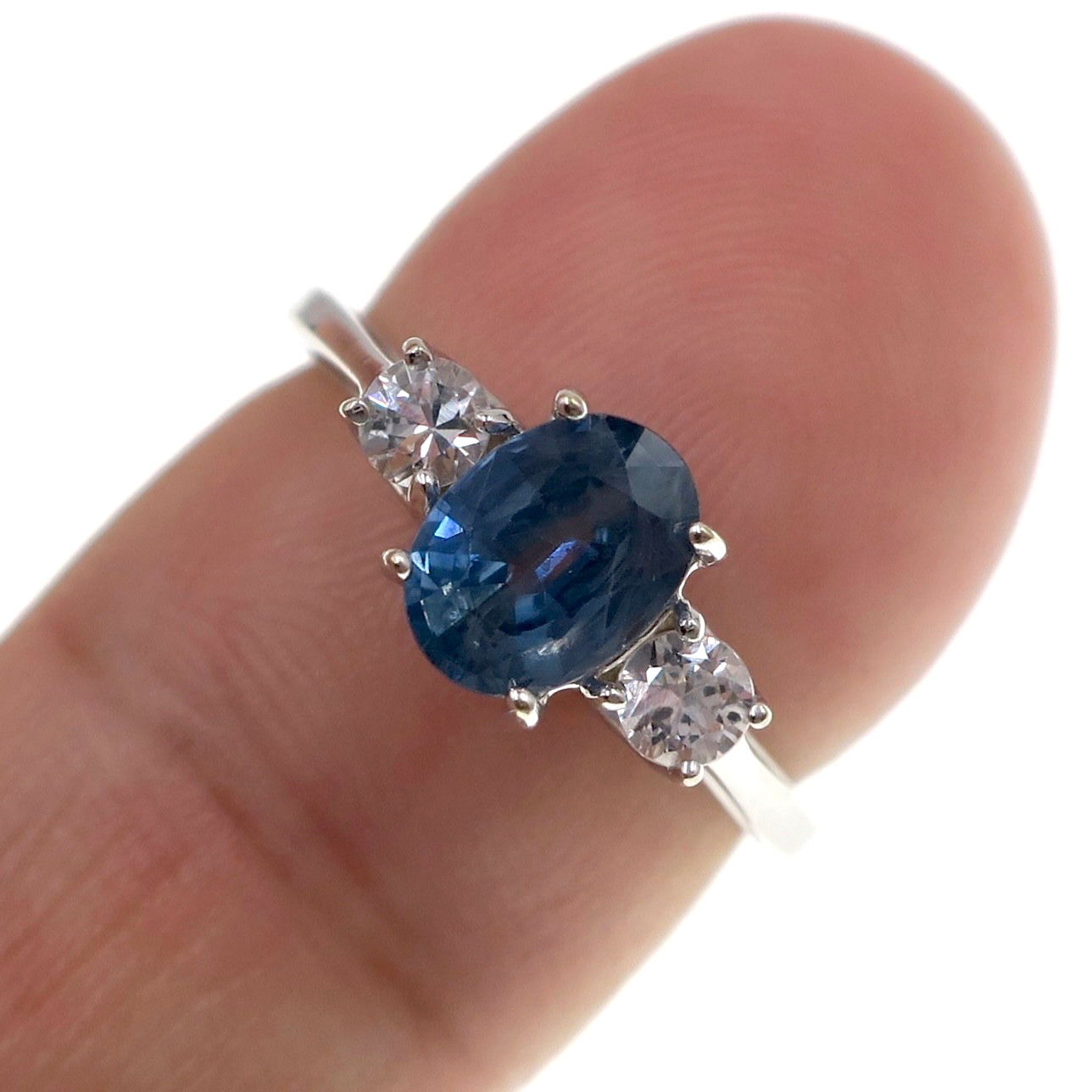 Petite 14k Solid White Gold Natural White an Blue Sapphire 3-Stone Ring Sz 4.75