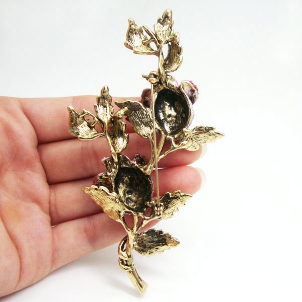 Elegant Pink Flower Rose Woman Brooch Pin Rhinestone Crystal Gold-Tone
