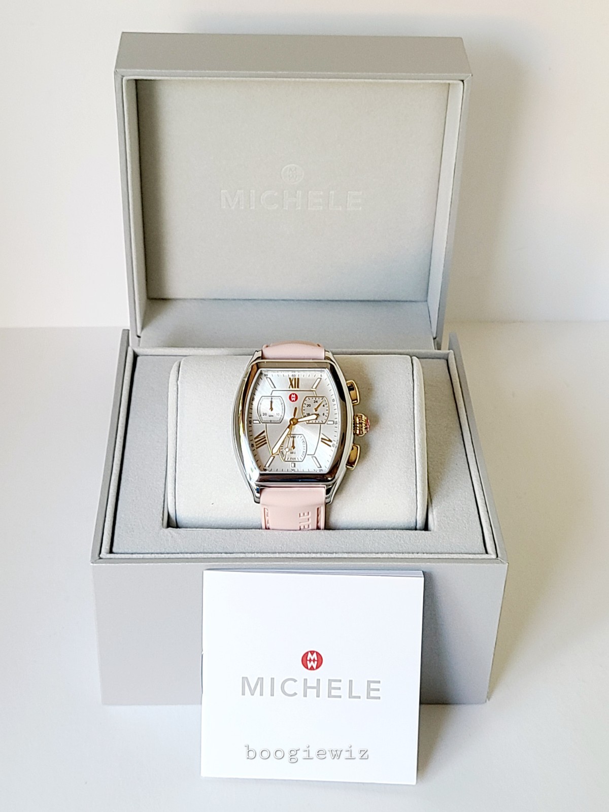 MICHELE SWISS MADE CHRONOGRAPH PINK RELEVE SILVER WATCH, MWW19A000036, NIB