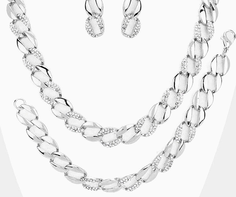 VERSATILE SILVER HIGH QUALITY 3 PC CLEAR CRYSTAL FASHION NECKLACE JEWELRY SET*