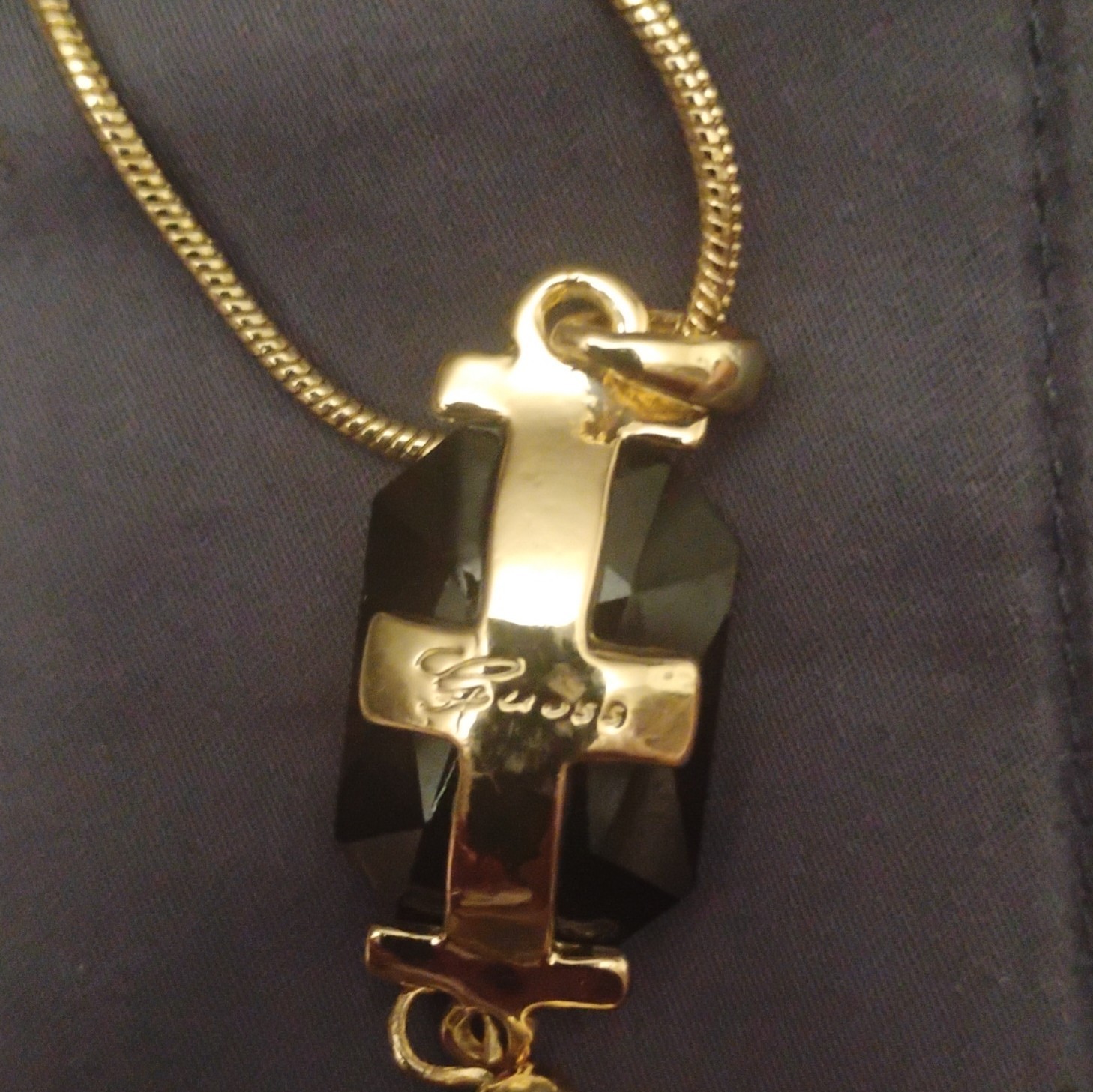GUESS Gold Tone Snake Chain Necklace, Black Glass Rectangle Tassel Pendant
