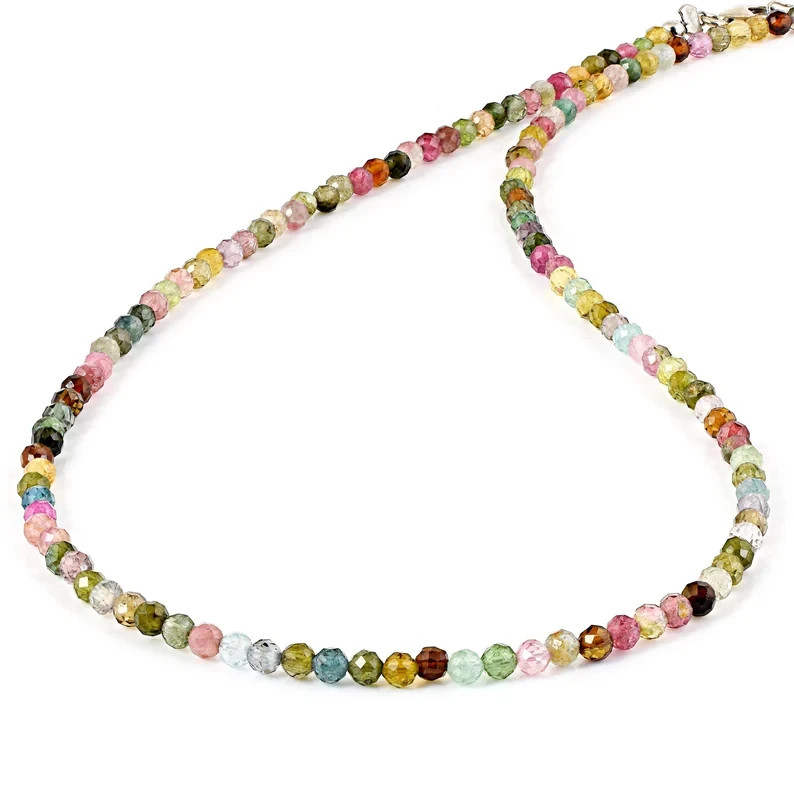 Natural Multi Tourmaline 3mm Round Beaded Necklace 925 Sterling Silver 18″ Gift