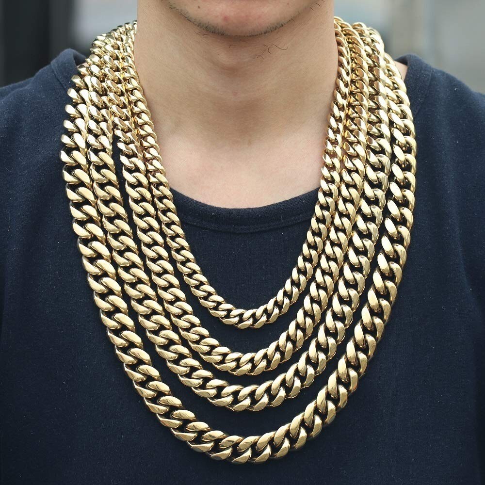 Men’s Miami Cuban Link Bracelet & Chain Combo Set Gold Plated Stainless Steel