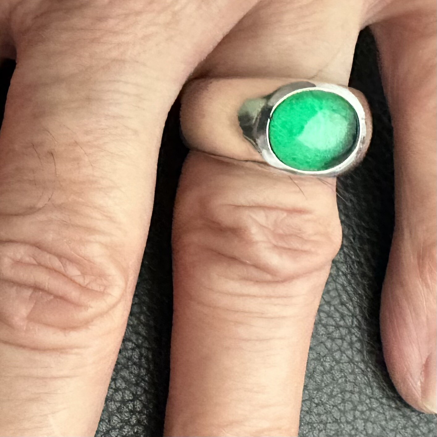 MJG STERLING SILVER Mans RING. 12 X 10mm NANOCRYSTAL EMERALD CAB. SZ 9 3/4