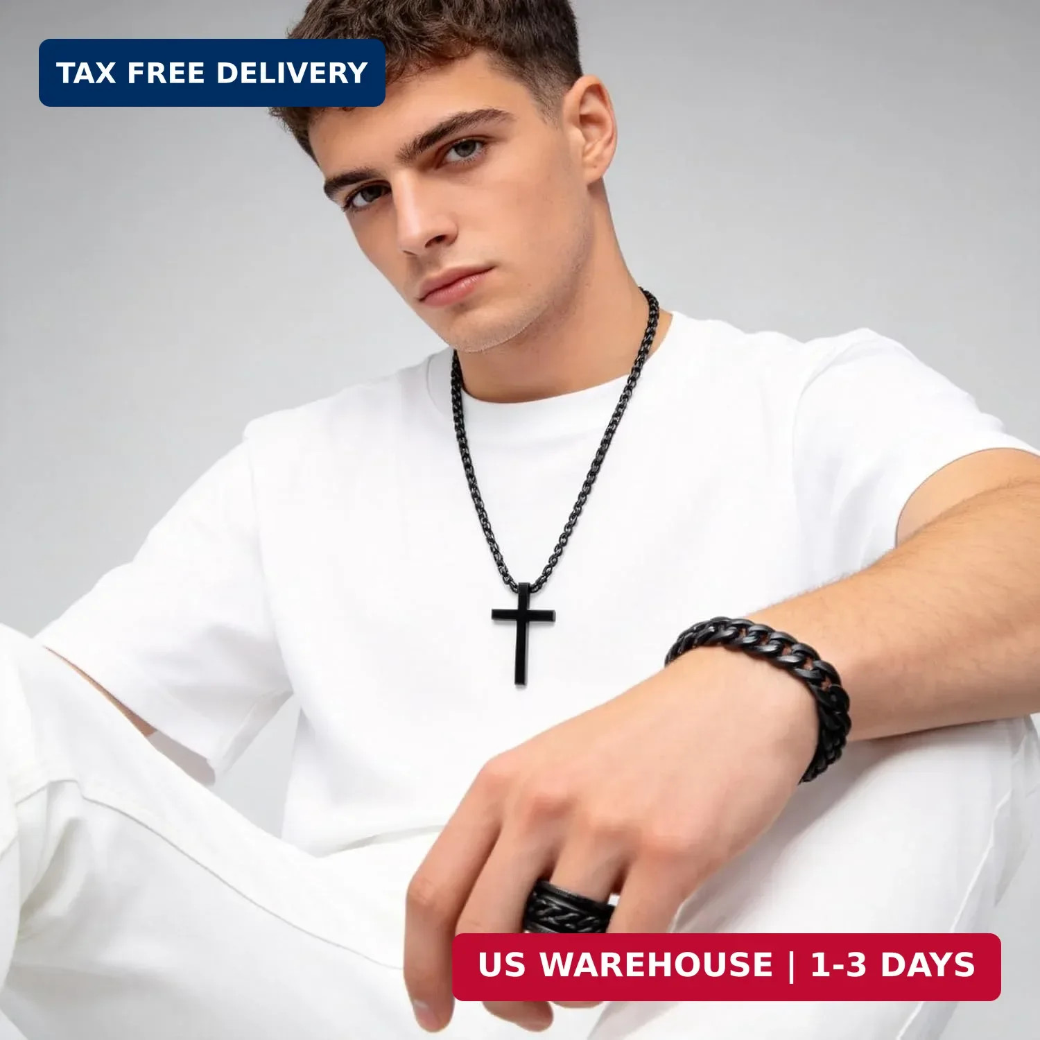 3-Piece Cross Pendant Necklaces Bracelets Rings Jewelry Sets for Men Women,Cuban