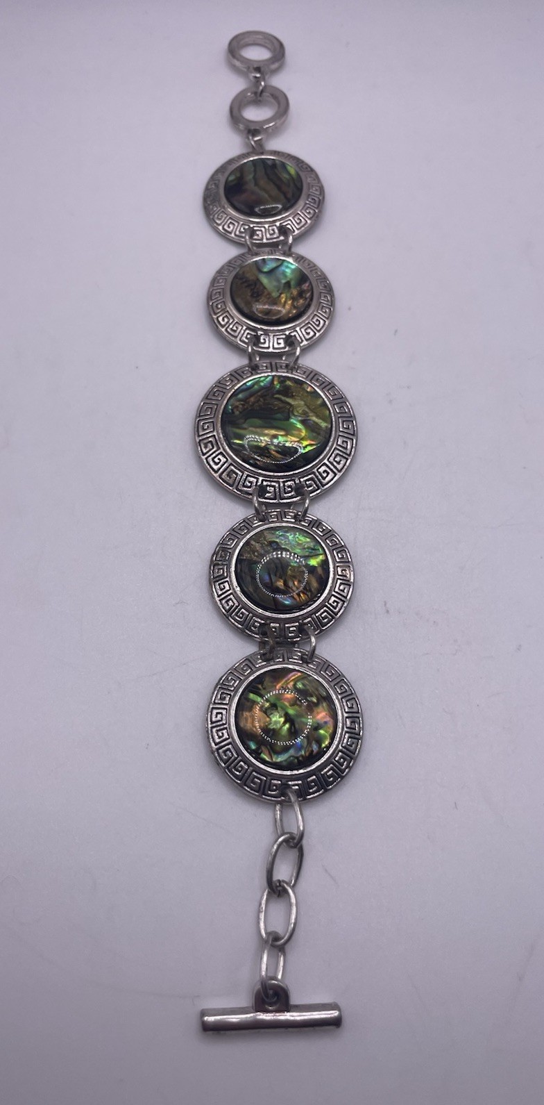 Vintage Silver Tone Abalone Shell Greek Key Link Bracelet Boho Hippie Jewelry 8”