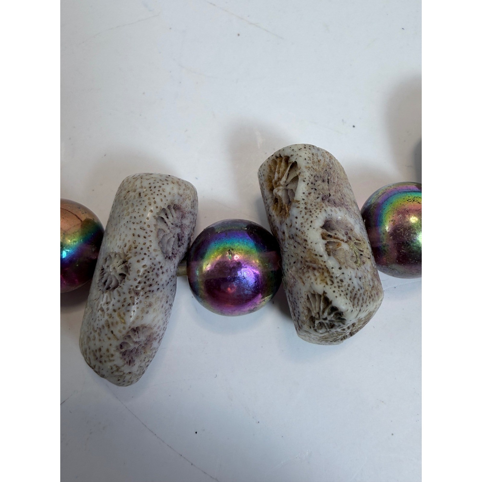 Vintage Fossil Coral and Iridescent Rainbow Pearl Beaded Necklace 24 Inch