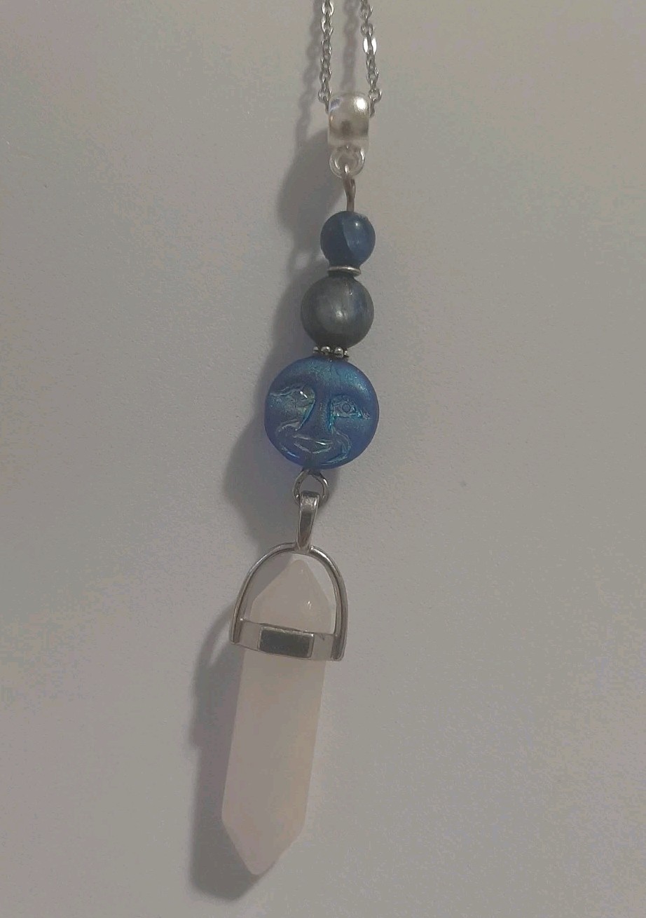 Genuine Milky CLEAR QUARTZ Crystal Point KYANITE Beads Glass Moon Face Pendant