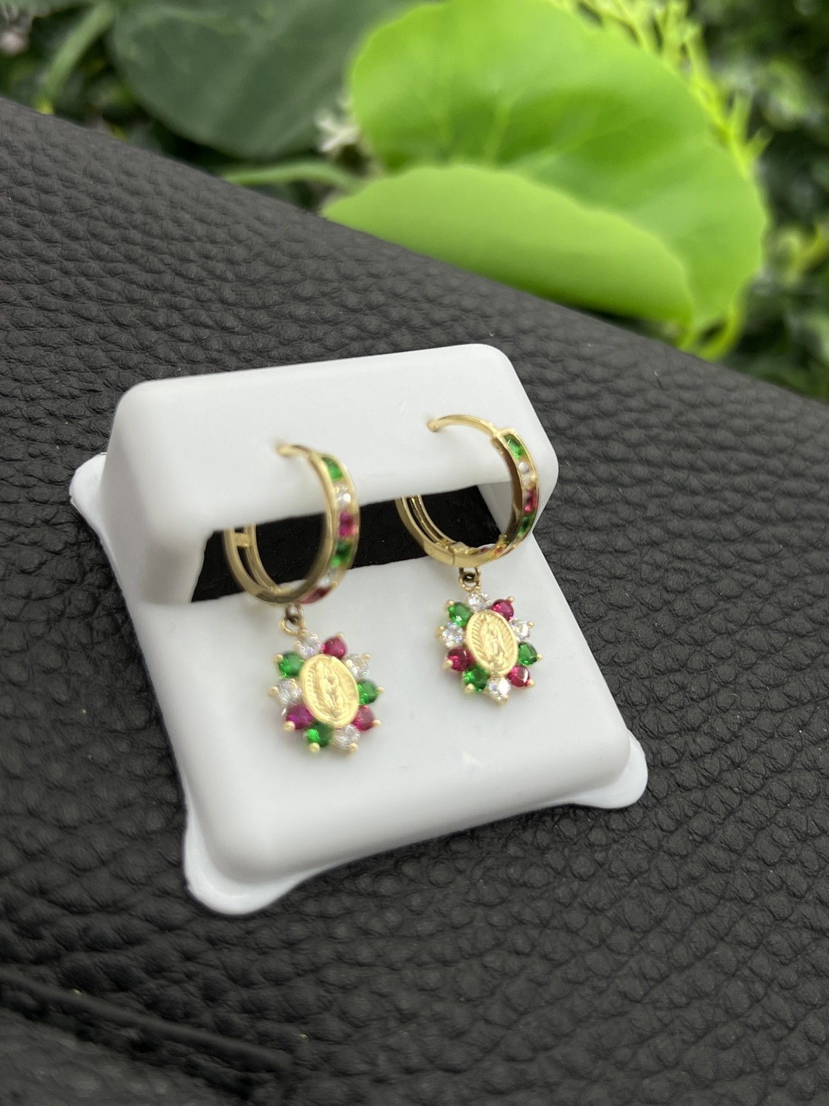 14K Yellow Gold CZ Huggies Virgen de Guadalupe Earrings 24x12mm Elegant Gifts