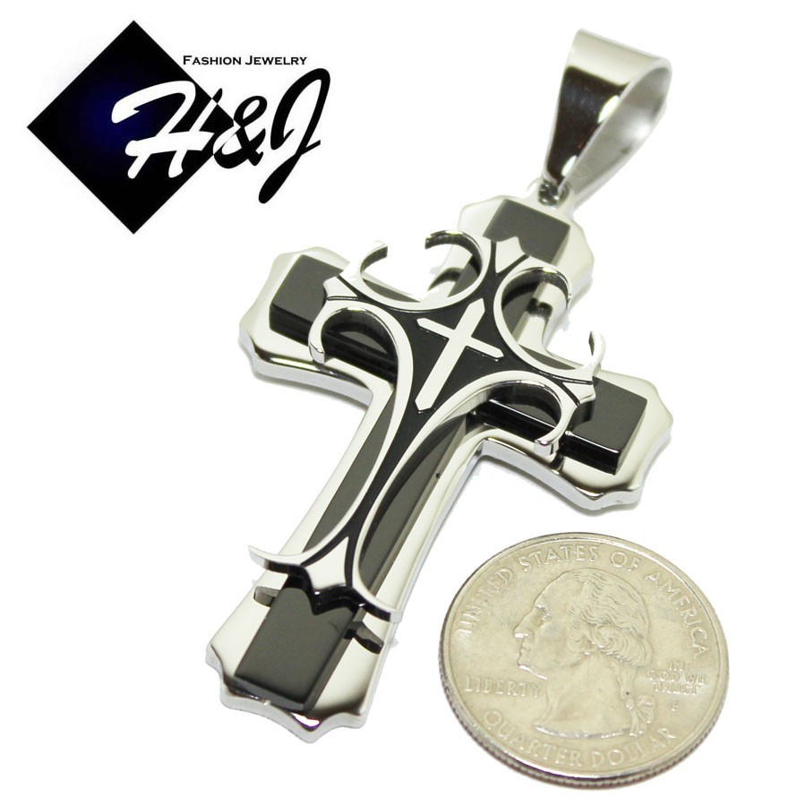 24″MEN’s Stainless Steel 6mm Silver/Black Plated Box Necklace Cross Pendant*BBH