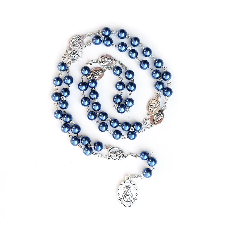 White Glass Pearl Rosary Seven Sorrows Pendant Necklace Long Beaded Catholic Pra