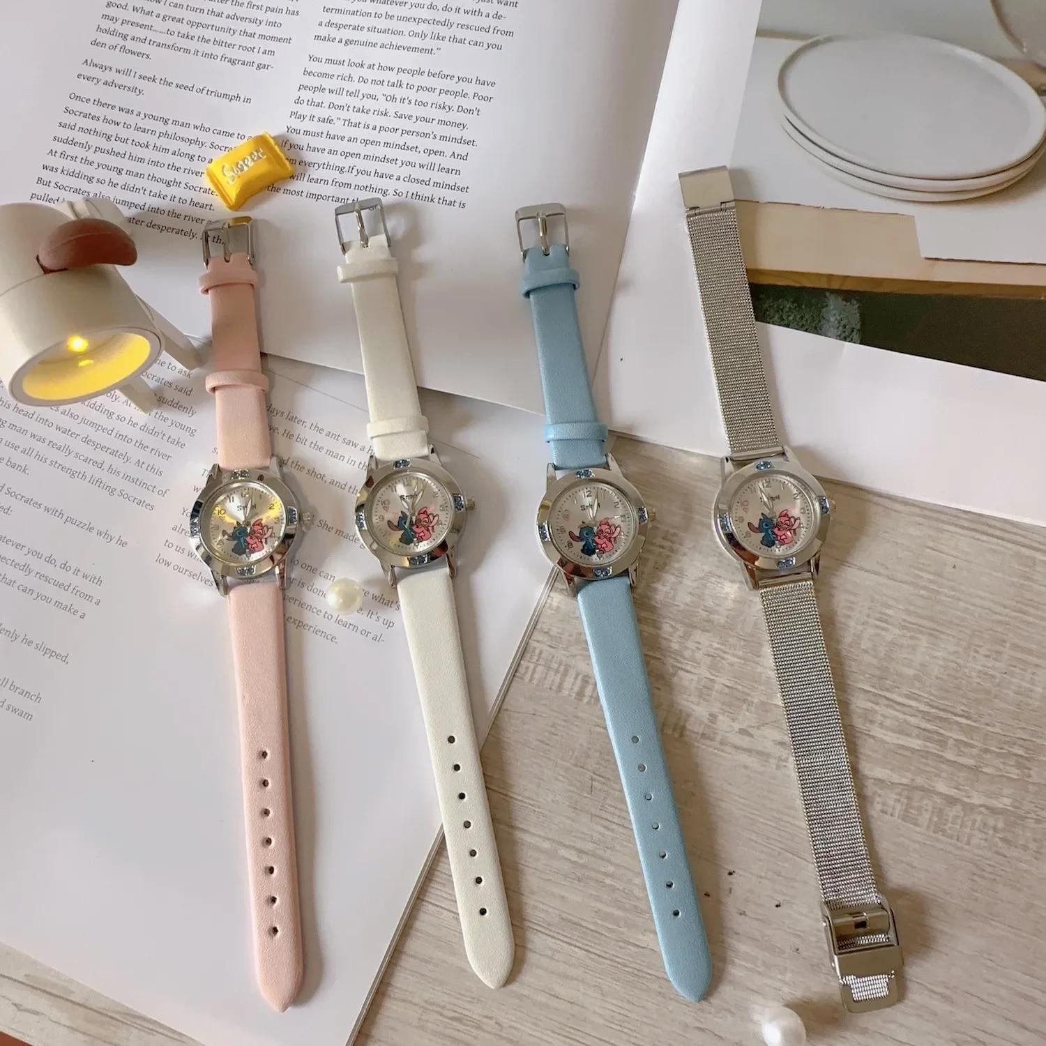 Disney Stitch Watches Diamond Quartz Watch for Women Stich Cartoon Leather Wrist