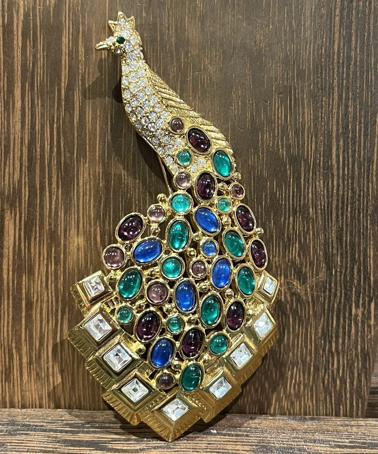 Nolan Miller Peacock Brooch Pin Gold Tone Cabochon Rhinestone, Boxed