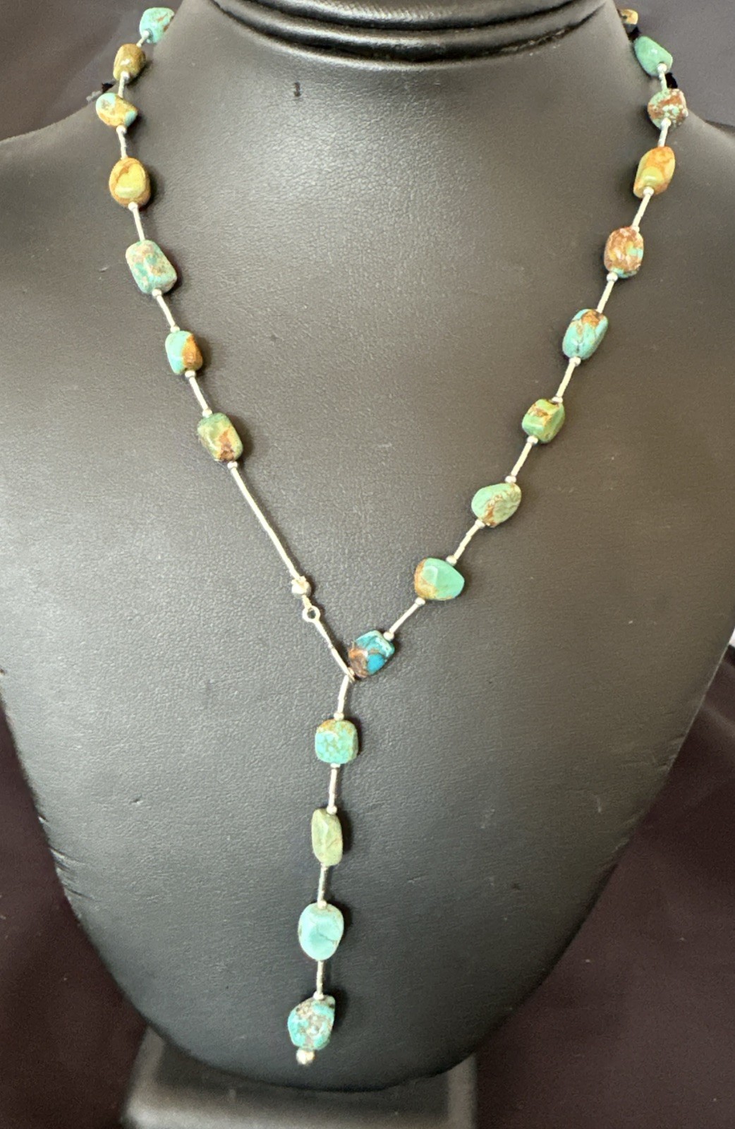Green Turquoise Liquid Heishi Sterling Silver Nugget 20″ Necklace 19046