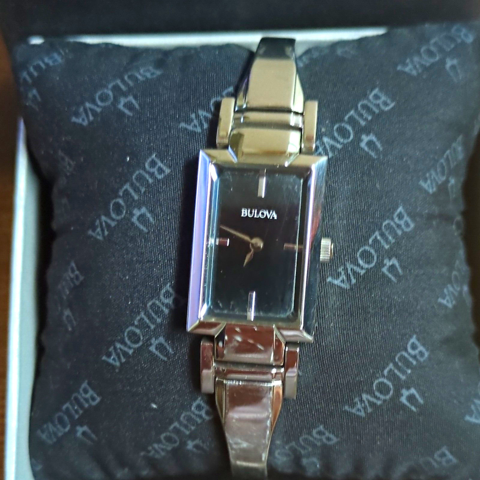 Bulova Women’s Quartz Watch Black Dial Rectangle Case Silver Bracelet w/Box