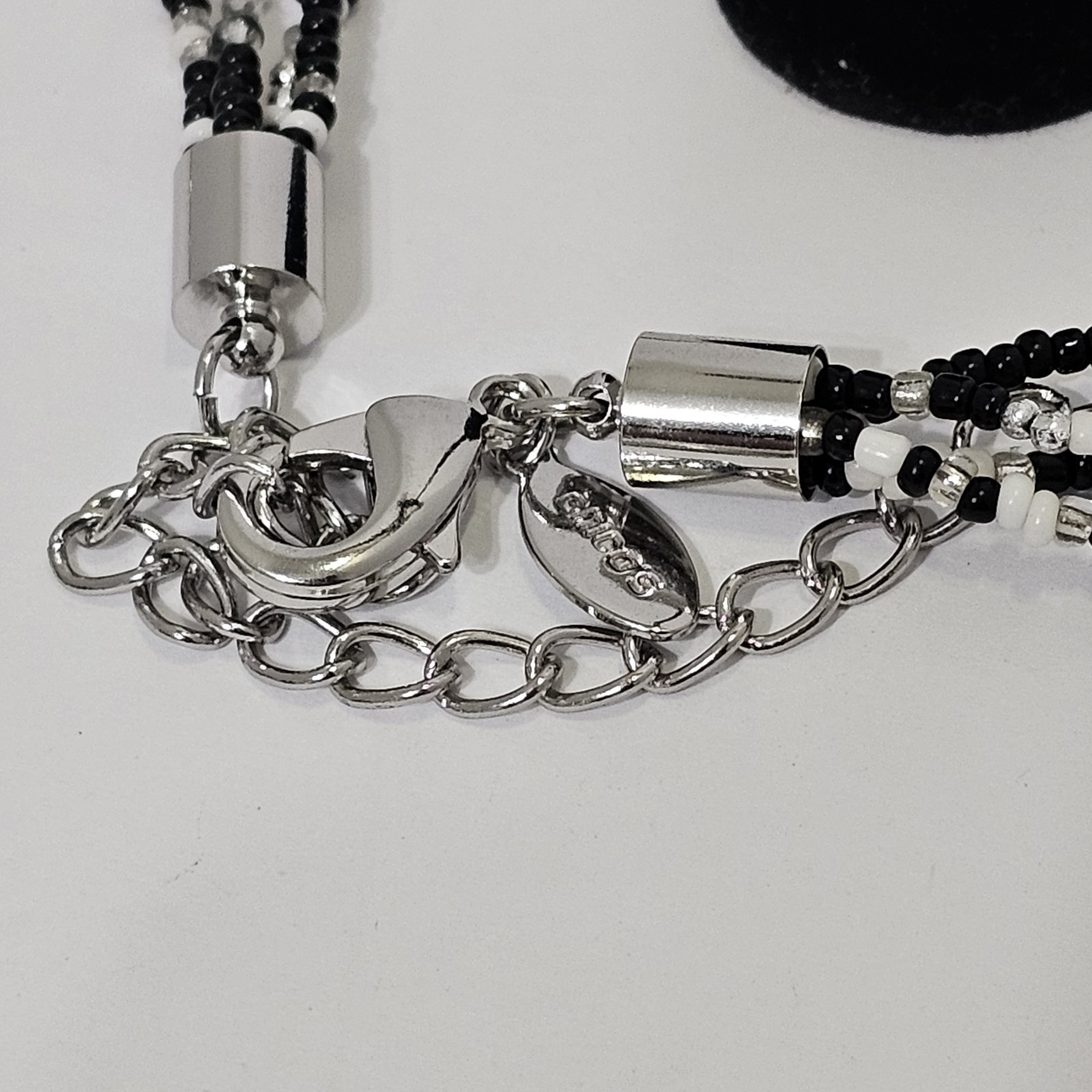 Chicos Signed Black White Beaded Necklace Earrings Set Chunky Statement Silver