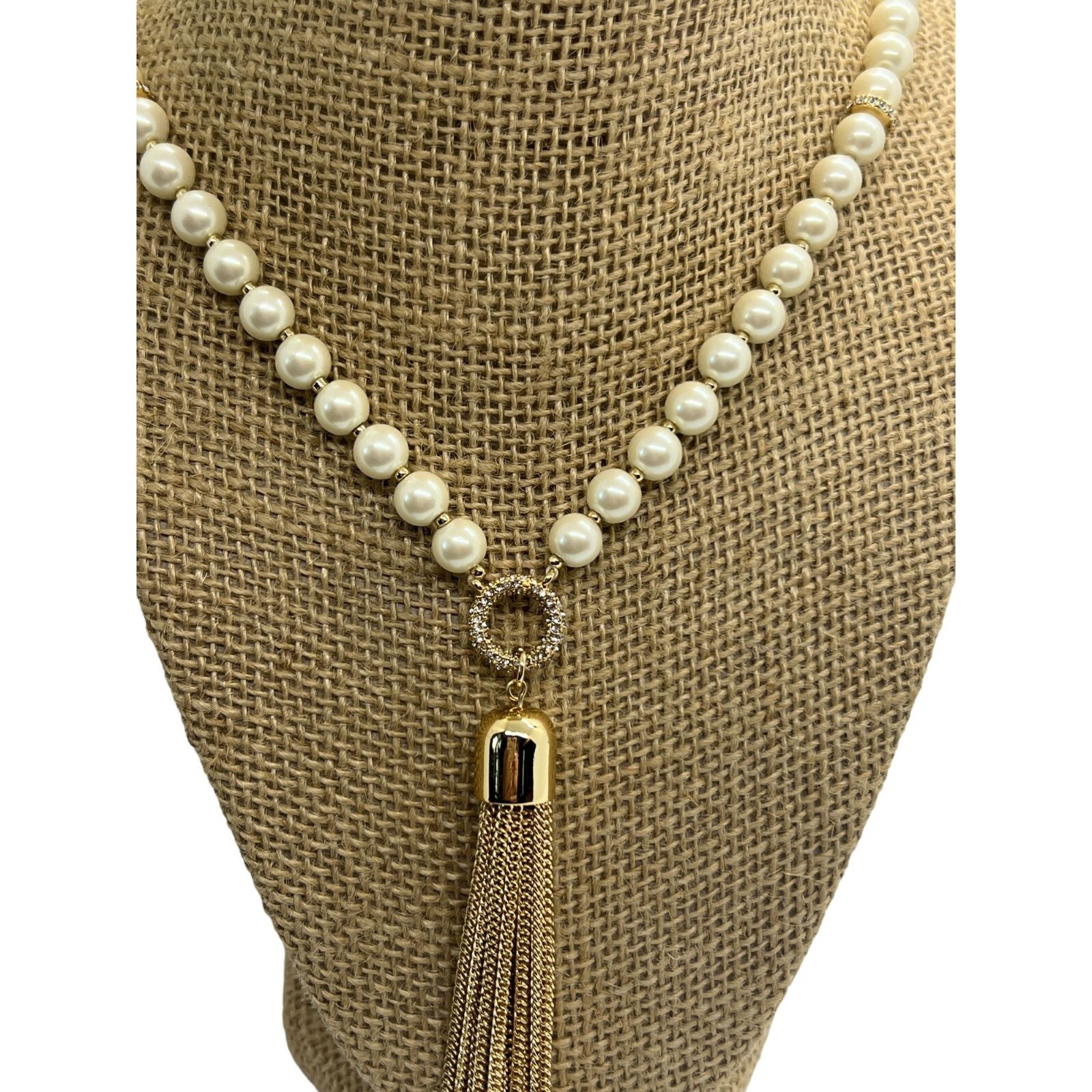 Ann Taylor Gold Tone Faux Pearl Tassel Necklace Clear Rhinestones 29″ Long