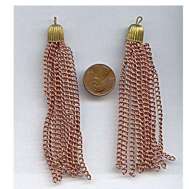 2 VINTAGE JAPANESE BRASS CAP COPPER COATED STEEL 10 CURB CHAIN 3.50″ TASSELS T47