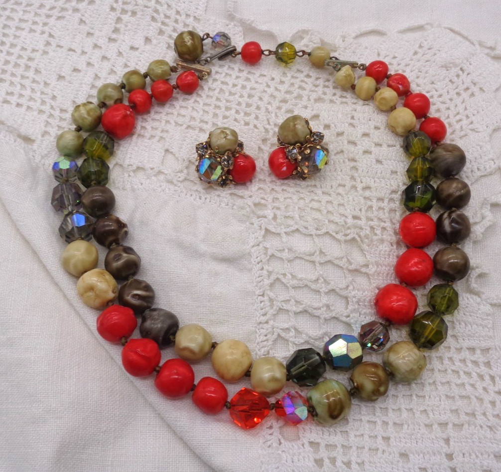 Vintage Signed VOGUE Orange Brown Green BEAD NECKLACE & EARRINGS SET