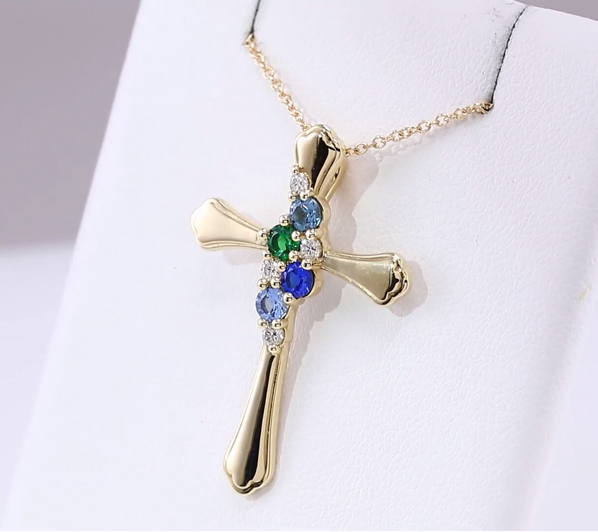 Cross 14K Gold 1 to 6 Round Stones Mother’s Pendant, Family Jewelry Moms gift