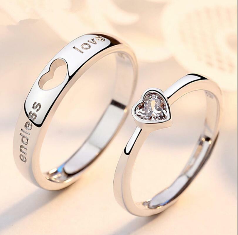 Love Heart Silver Cubic Zirconia Engagement Pair Couple Love Adjustable Ring