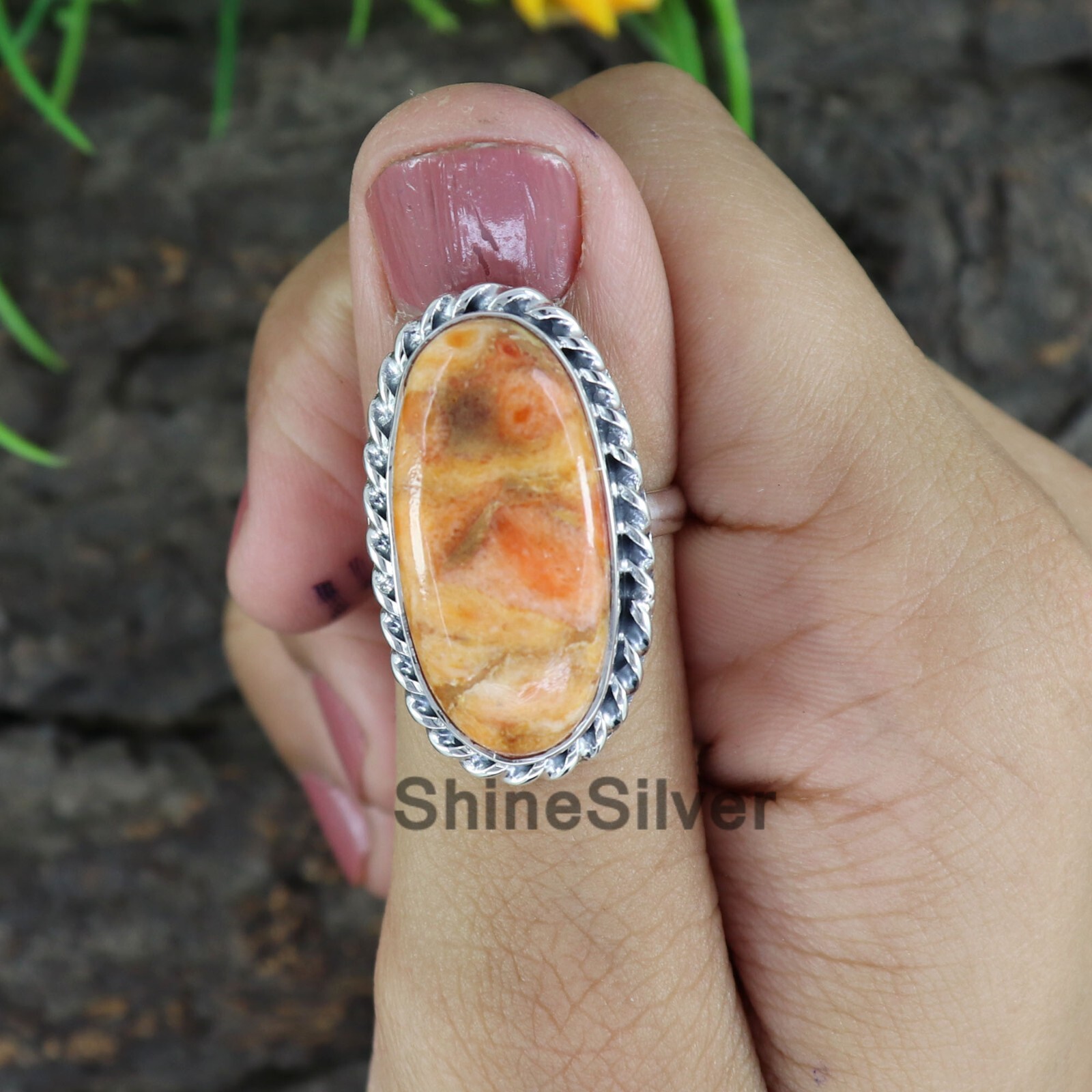 Orange Copper Turquoise Sterling Silver Daily Wear women For Ring Size 7 US JN65