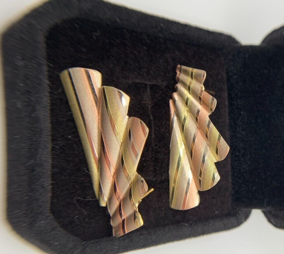 14k .585 Gold Tri-Color Fanshaped Earrings,33mm x 15mm, FREEgiftbx($3.49valu