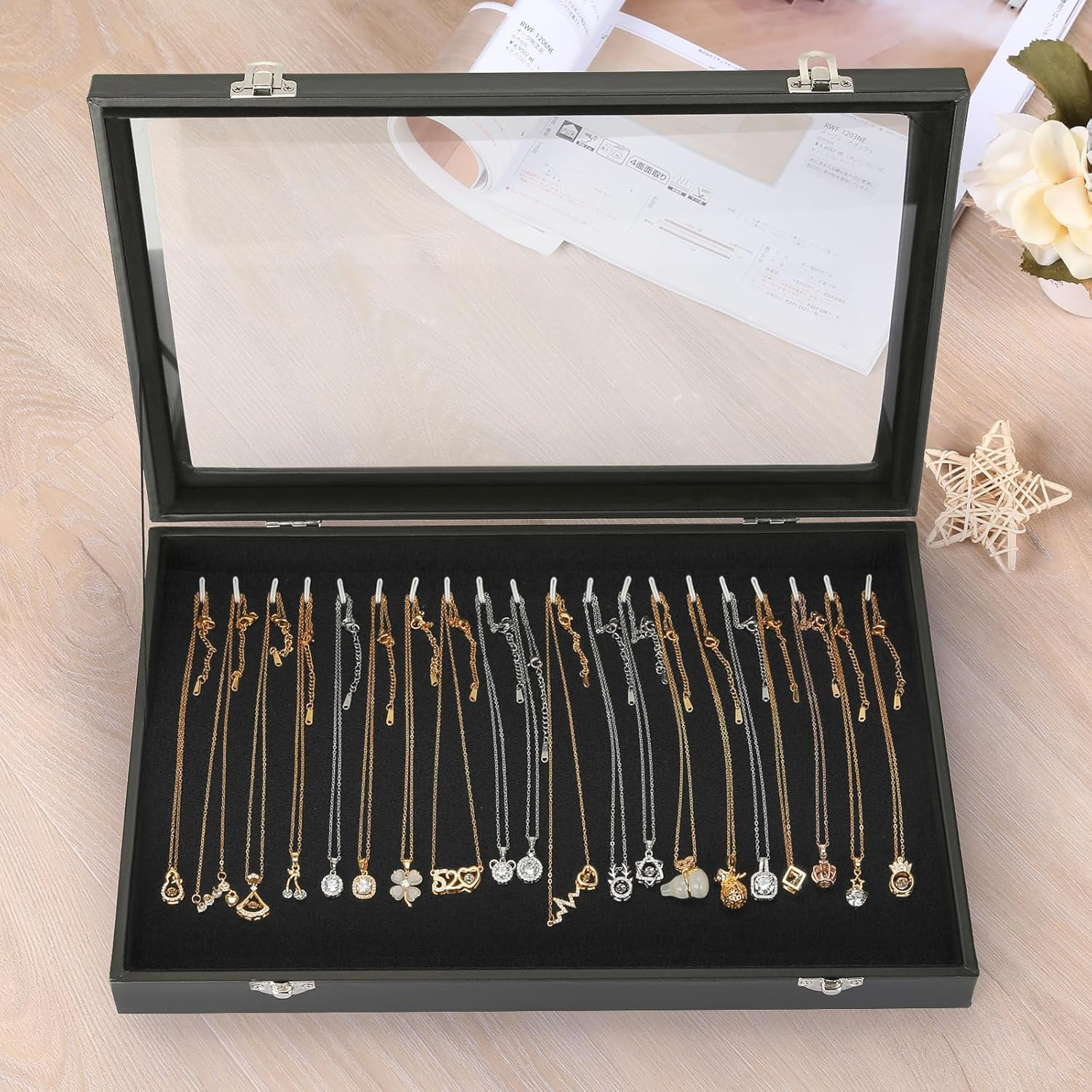 Necklace Organizer Box, 20 Hooks Jewelry Pendant Display Tray with Clear Lid for