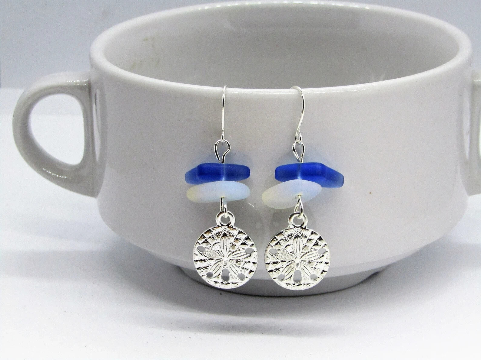 Frosted Opal & Blue Sea Glass Beach Stone Pebble Silver Charm SAND DOLLAR Shell