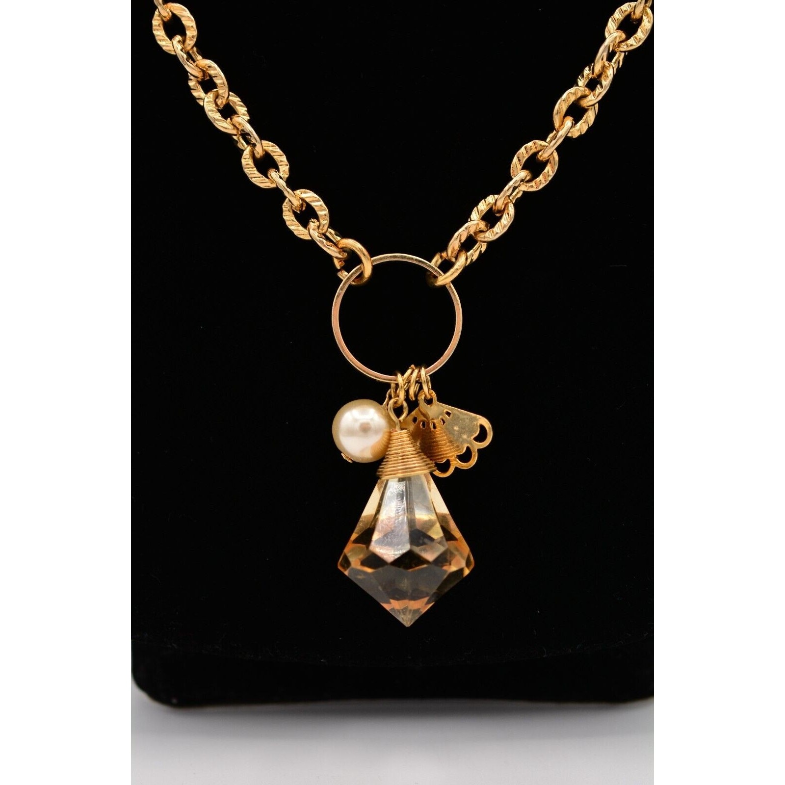 Vintage Station Cameo Necklace Charm Beaded Crystal Gold Chunky 1990s Bin4B
