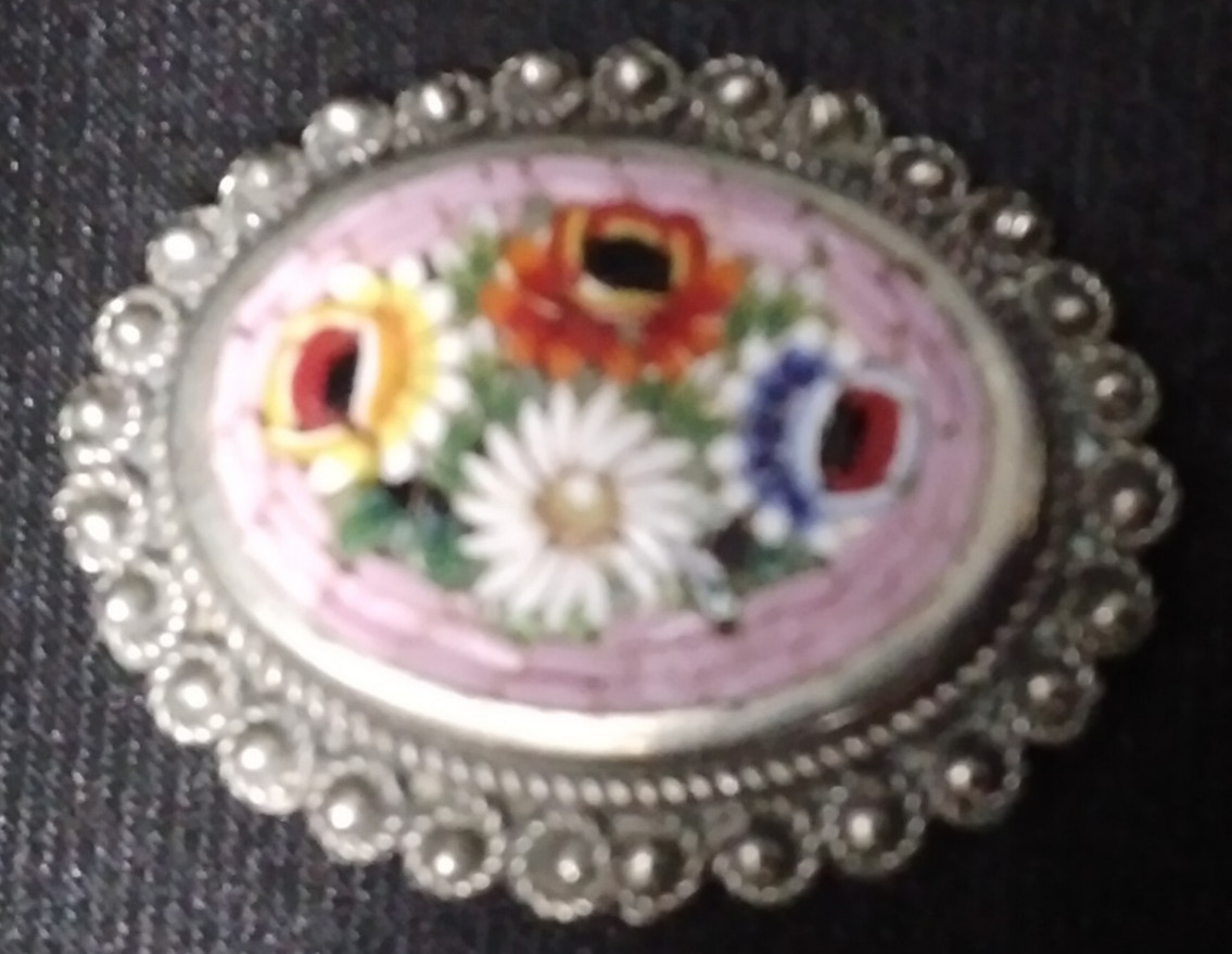 Vintage Italian Silver Unusual Color Micro Mosaic Floral Brooch Pin