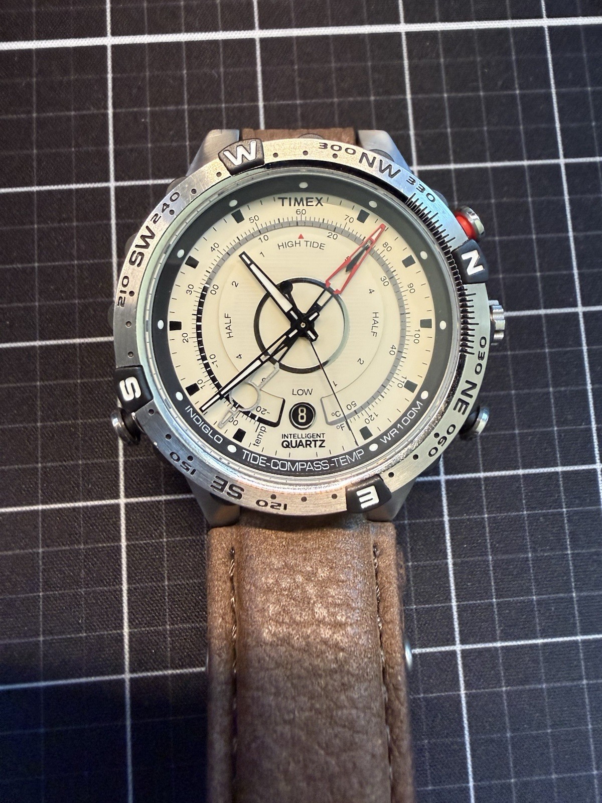 Timex Intelligent Quartz Compass Tide Tracker Beige Dial Leather Wristwatch