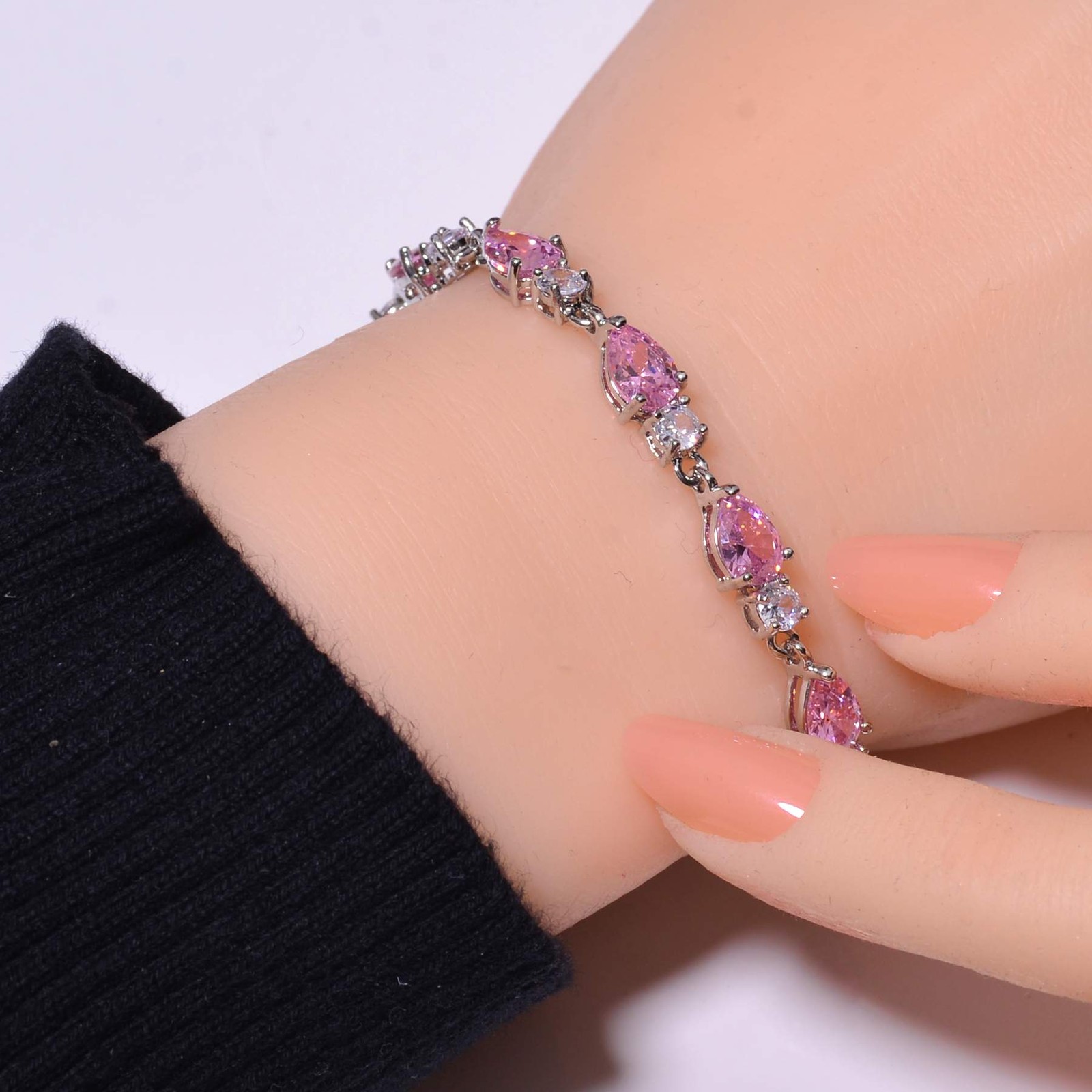 Pink Sapphire & CZ Simulated 925 Sterling Silver Tennis Bracelet 7.99″ B4