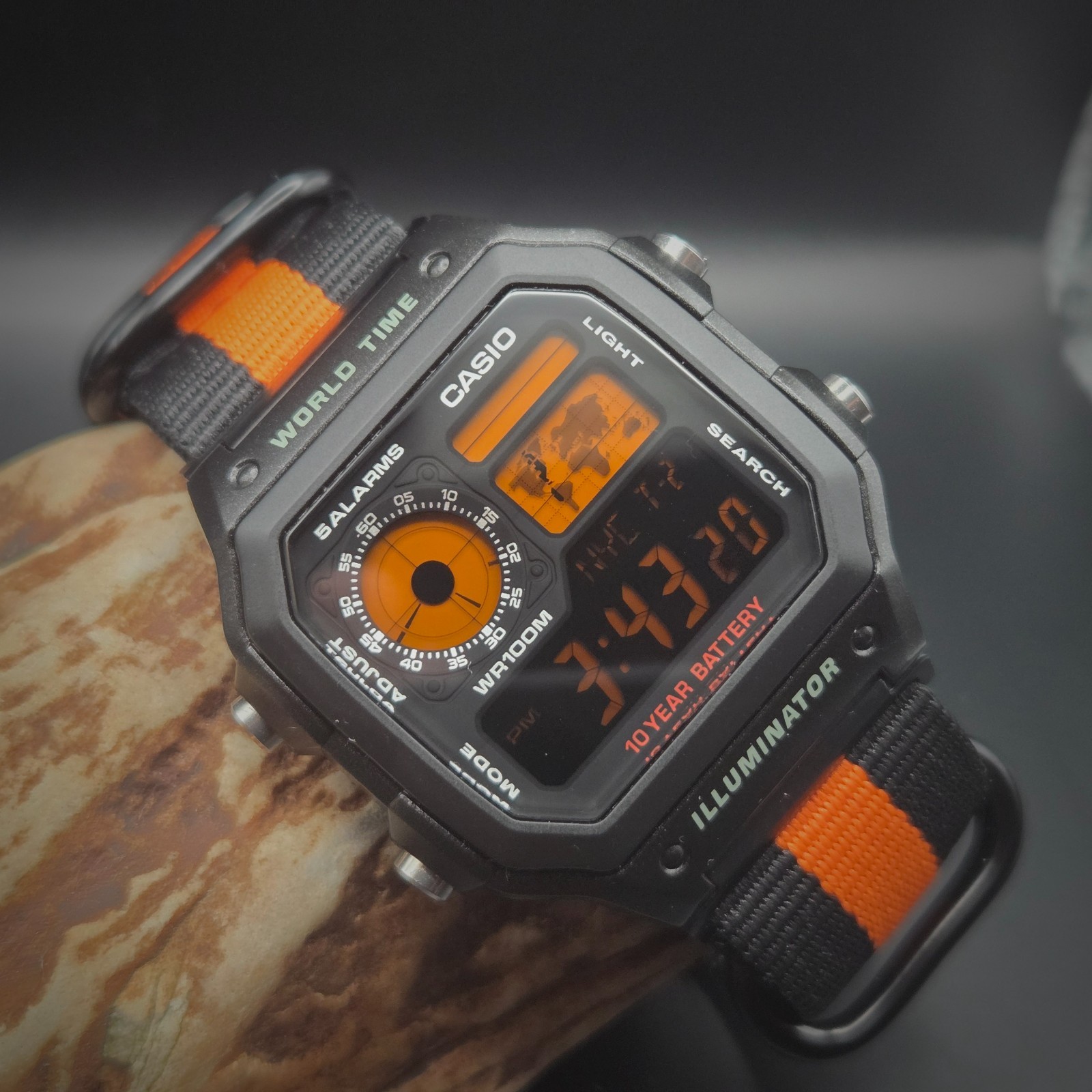 CASIO AE-1200WHD. Royale World Time Watch Mod. Orange Digits Negative. Hydromod.