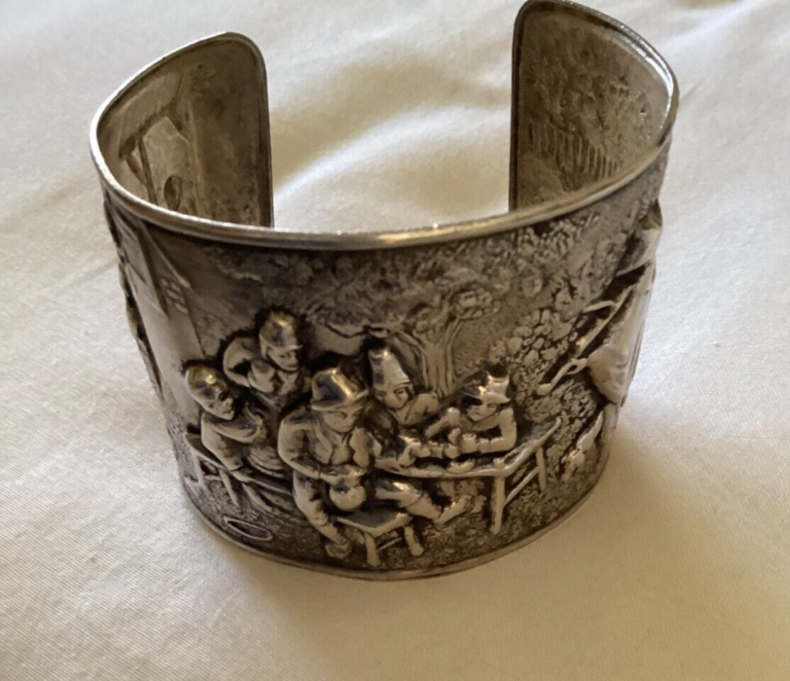 DANISH Vintage Silver 2” Cuff Bracelet-Repousse-Tavern Scene-marked Denmark