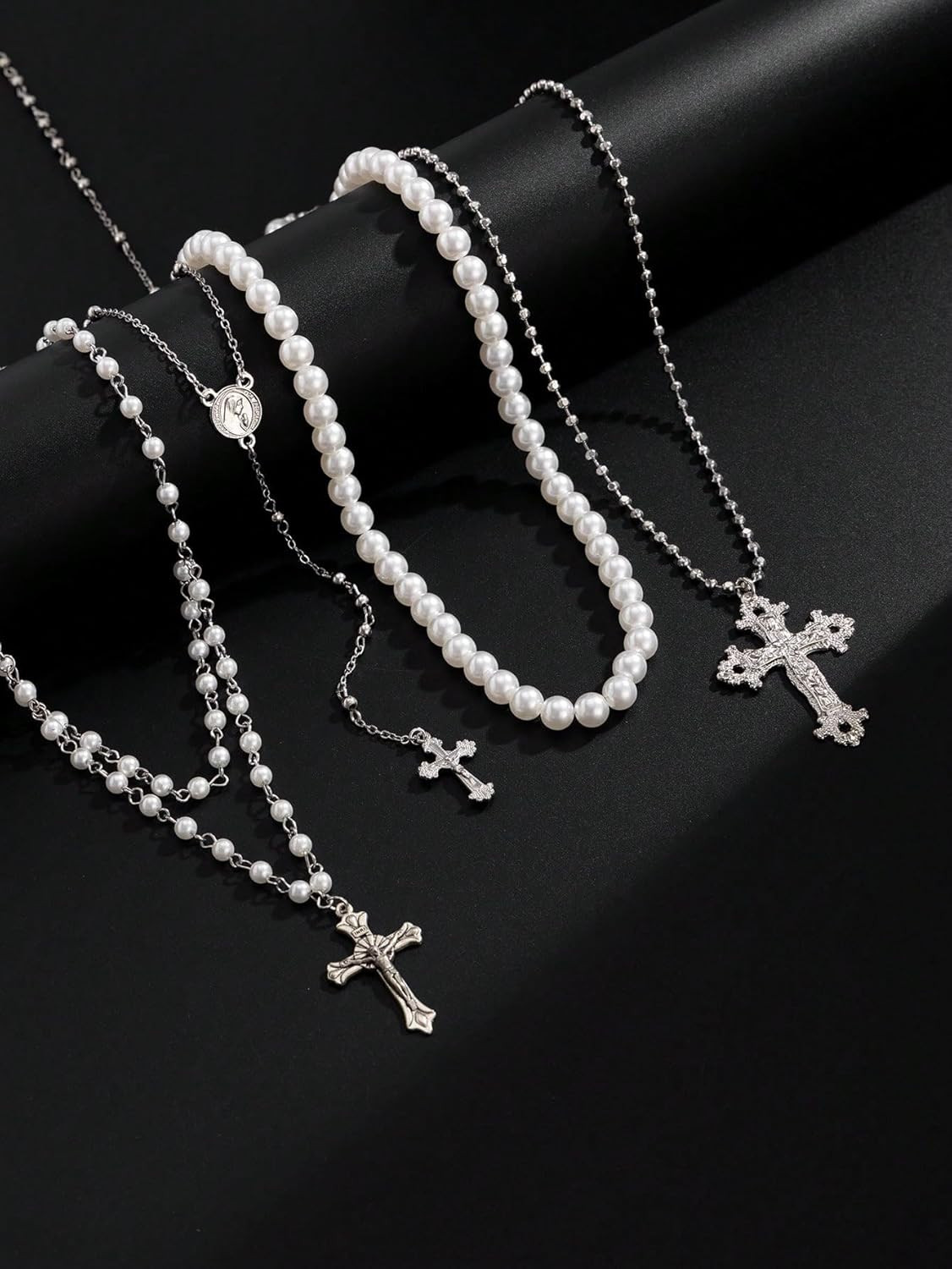 Silver Layered Cross Necklace Set for Women, 4Pcs Pearl Rosary Choker Chunky Chr