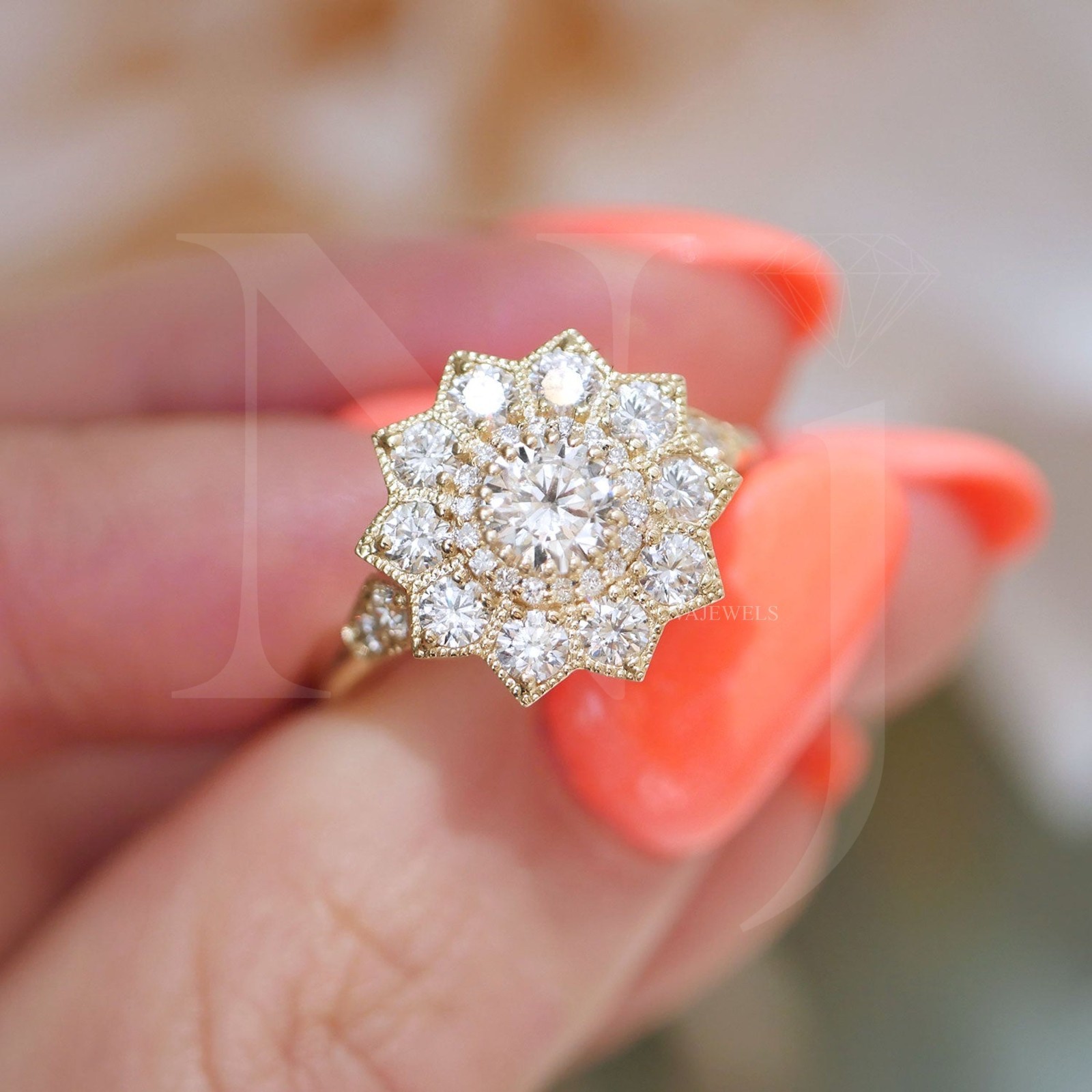 0.5CT Round Cut Halo Moissanite Engagement Ring 14K Yellow Gold Plated For Women