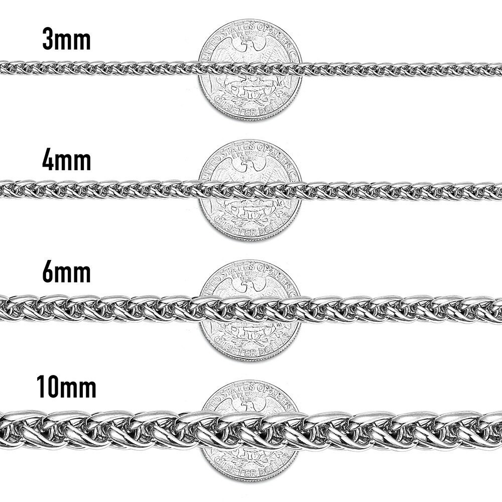 3/4/5mm Braided Wheat Chain Silver 316L Stainless Steel Men Women Necklace