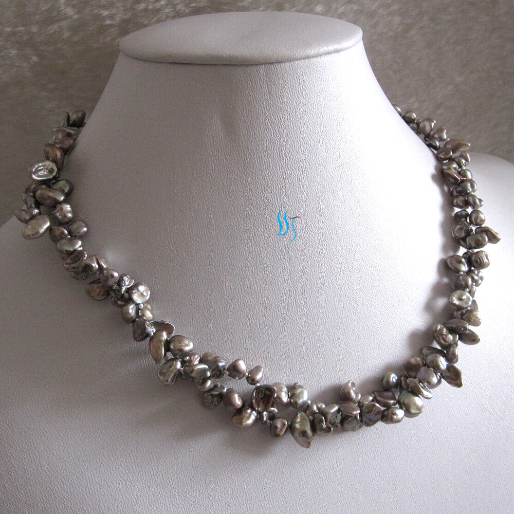 18″ 6-7mm Gray Keshi 2Row Freshwater Pearl Necklace Strand Jewelry