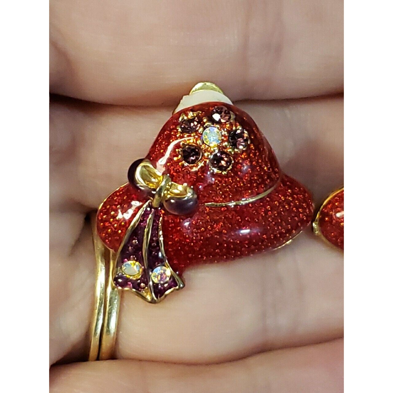 Red Hat Clip On Earrings, Red & Purple Enamel Aurora Borealis Crystals Gold Tone