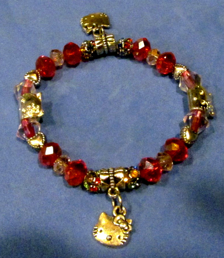 Hello Kitty Bracelet with Red & Pink Crystal, Glass Beads, Stretch Design