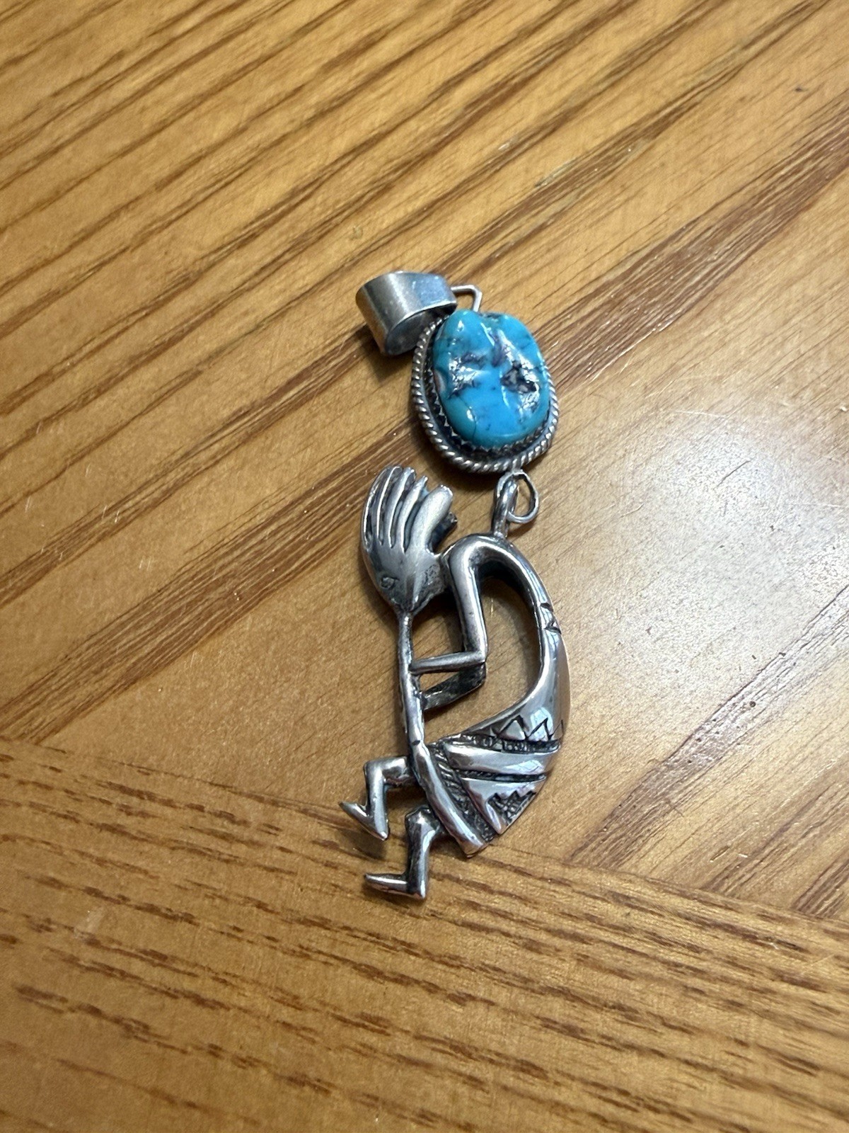 Kokopelli Silver Tone Bezel Set Oval Blue Turquoise Charm Pendant